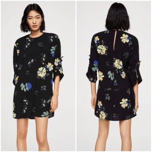 Mango Floral Shift Mini Dress Ruched Sleeves Black Sz 6